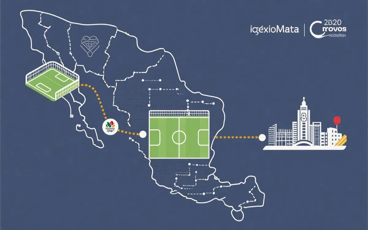 三城串联的世界杯观赛路线示意：地图线条与球场图标的旅行规划画面